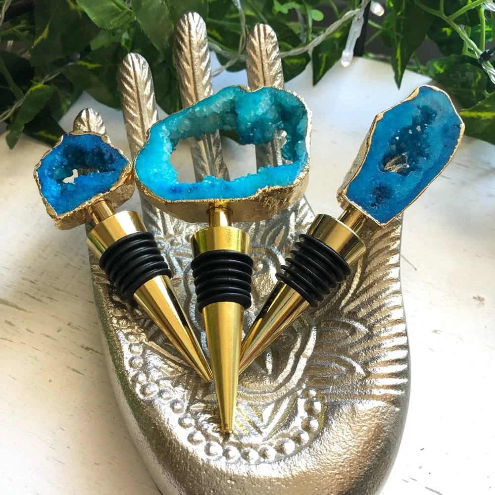 Blue Crystal Quartz Druzy Geode gold plated wine bottle stopper topper stone - Picture 5 of 11